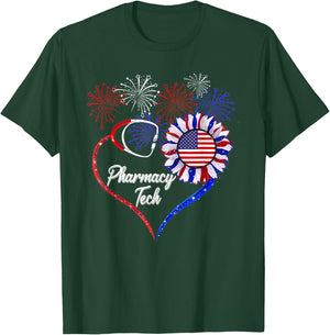 Patriotic Pharmacy Tech Sunflower 4th Of July American Flag Men T-Shirt - T-Shirt | Forest
