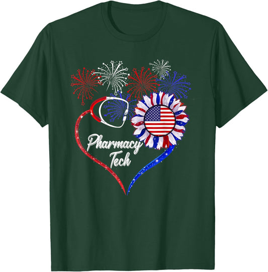 Patriotic Pharmacy Tech Sunflower 4th Of July American Flag Men T-Shirt - T-Shirt | Forest
