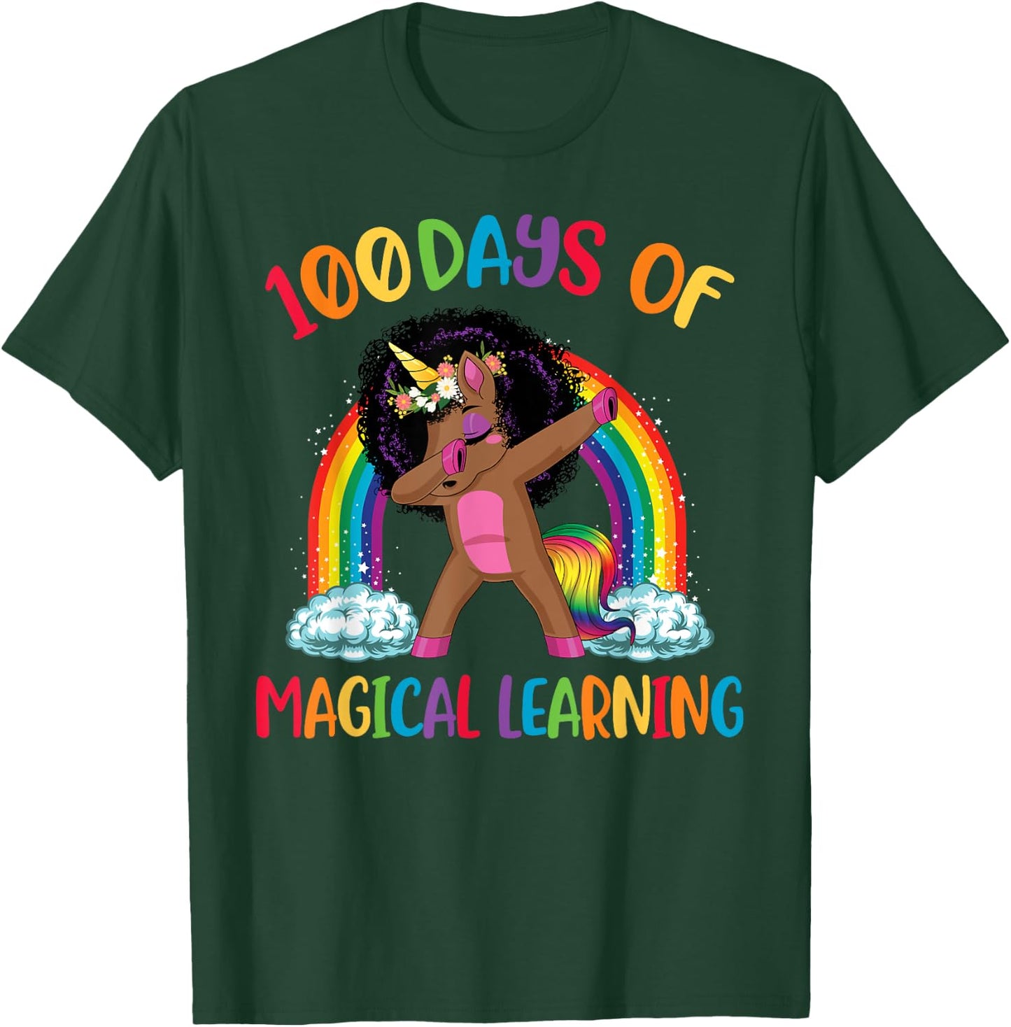 100 Days Of Magical Learning afro Black Dabbing Unicorn Girl T-Shirt - T-Shirt | Forest