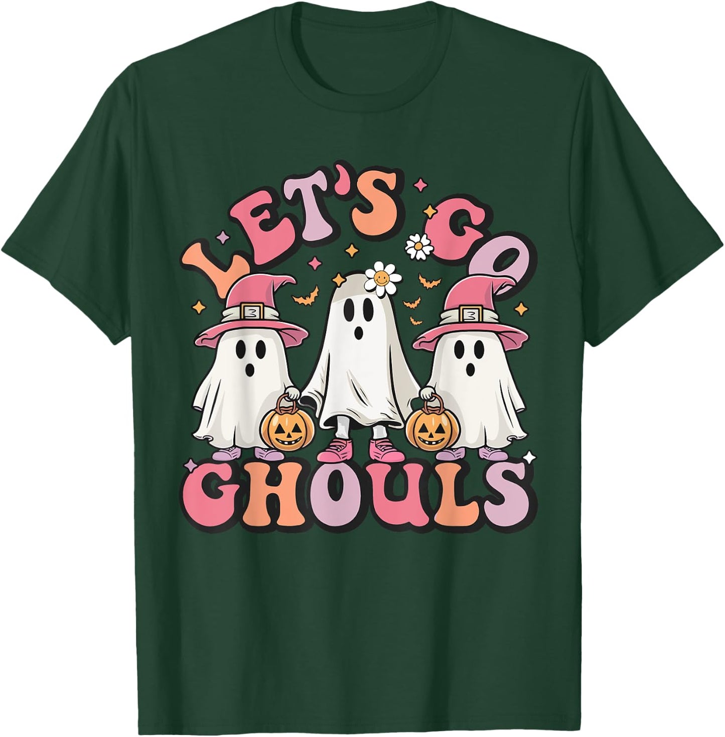 Women Let's Go Ghouls Halloween Ghost Costume Retro Groovy T-Shirt - T-Shirt | Forest