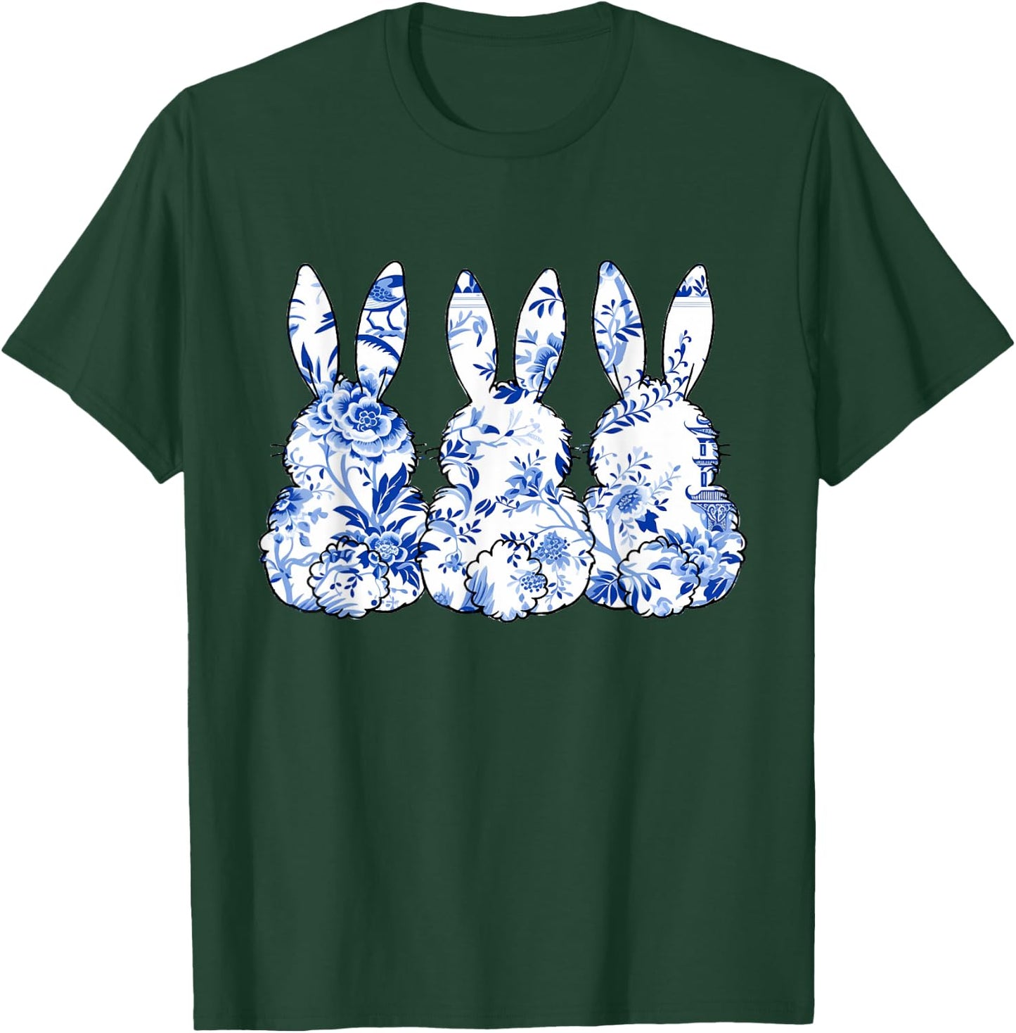 Chinoiserie Bunnies Blue and White Chinoiserie Florals women T-Shirt - T-Shirt | Forest