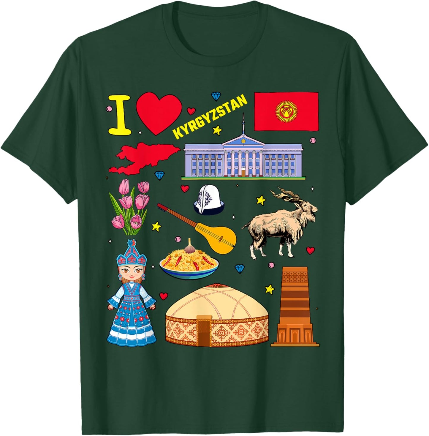 I love Kyrgyzstan. Hand drawn Kyrgyz Landmarks, flag and map T-Shirt - T-Shirt | Forest