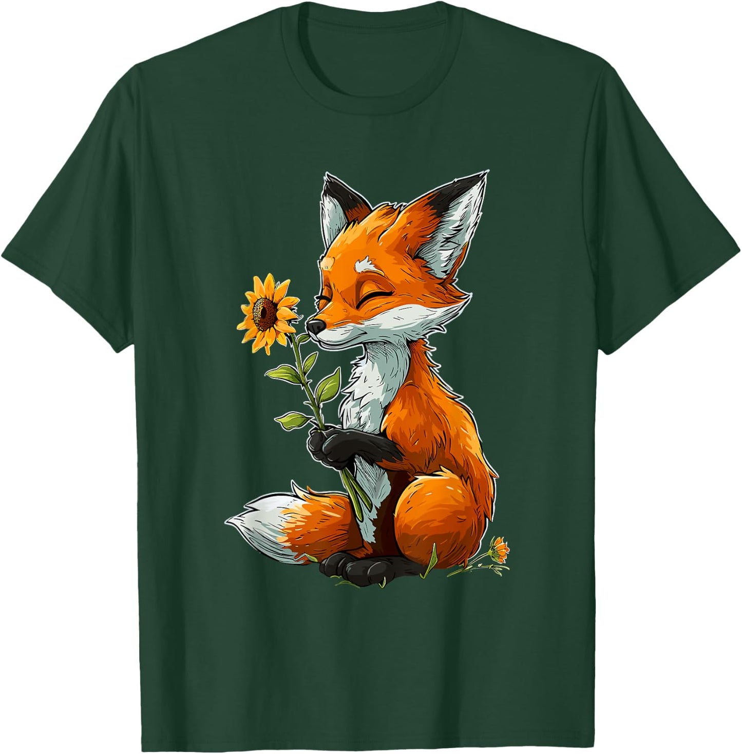 Red Fox Holding Sunflower Cute Red Fox T-Shirt - T-Shirt | Forest
