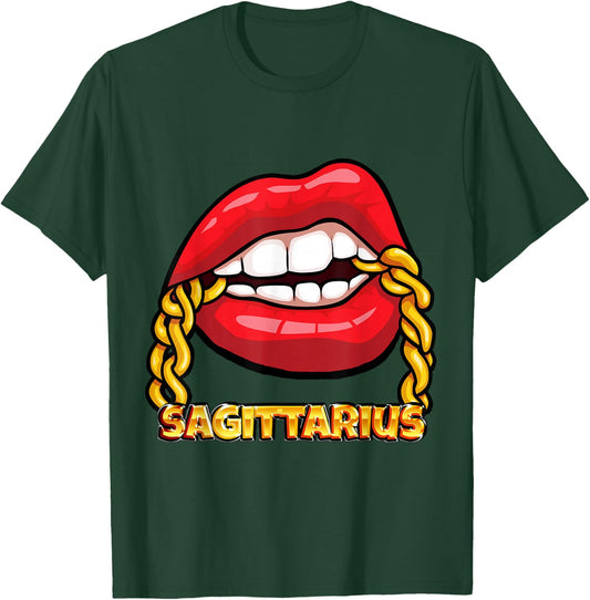 Juicy Lips Gold Chain Sagittarius Zodiac Sign T-Shirt - T-Shirt | Forest