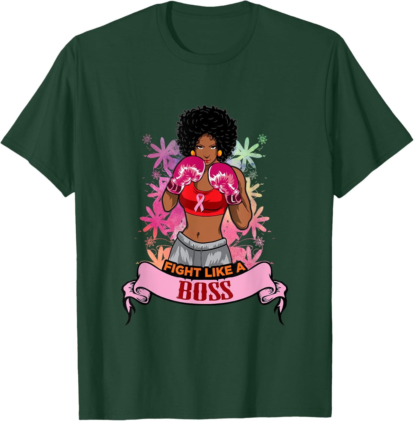 Black Girl Pink Warrior Breast Cancer Awareness Boxing T-Shirt - T-Shirt | Forest