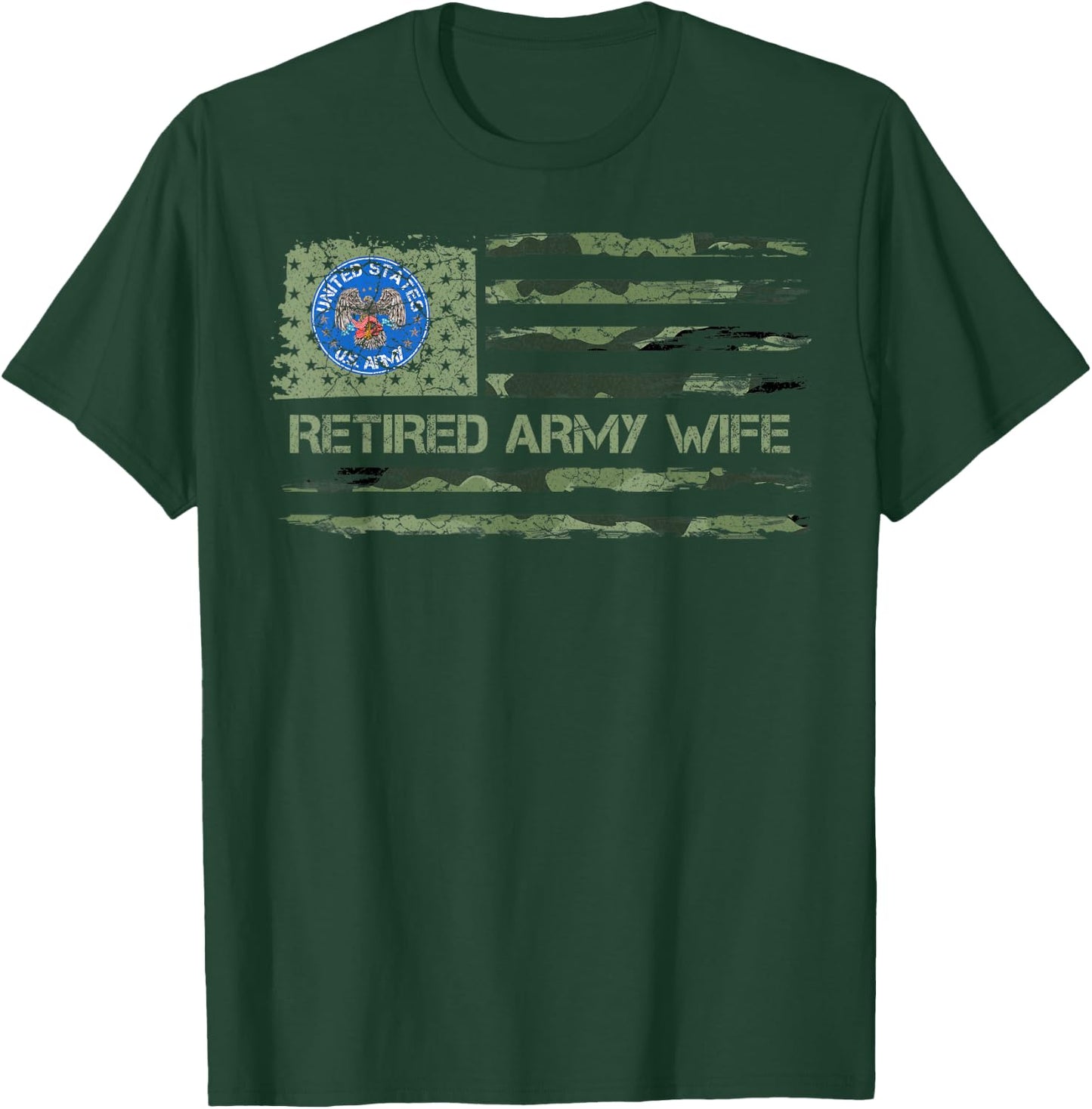 Vintage USA American Camo Flag Retired US Army Veteran Wife T-Shirt - T-Shirt | Forest