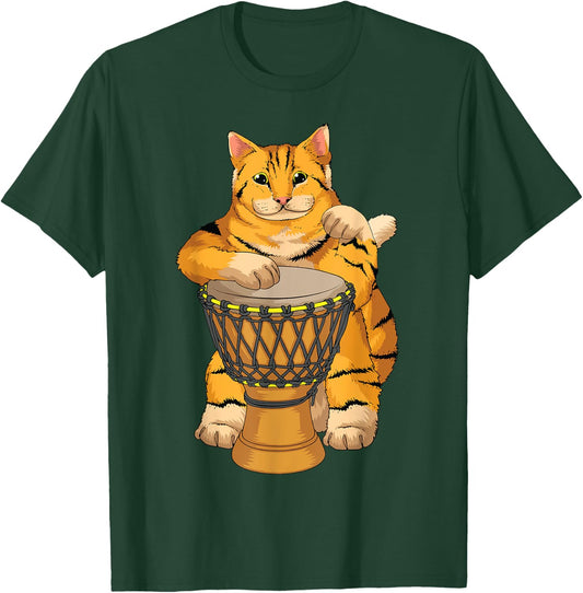 Funny Cat Playing Djembe Gift | Cute Kitten Musician Fan T-Shirt - T-Shirt | Forest