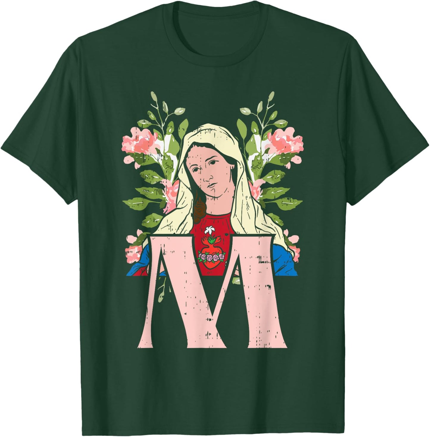 M Mary Virgin Sacred Heart Jesus Religious Catholic Gift T-Shirt - T-Shirt | Forest