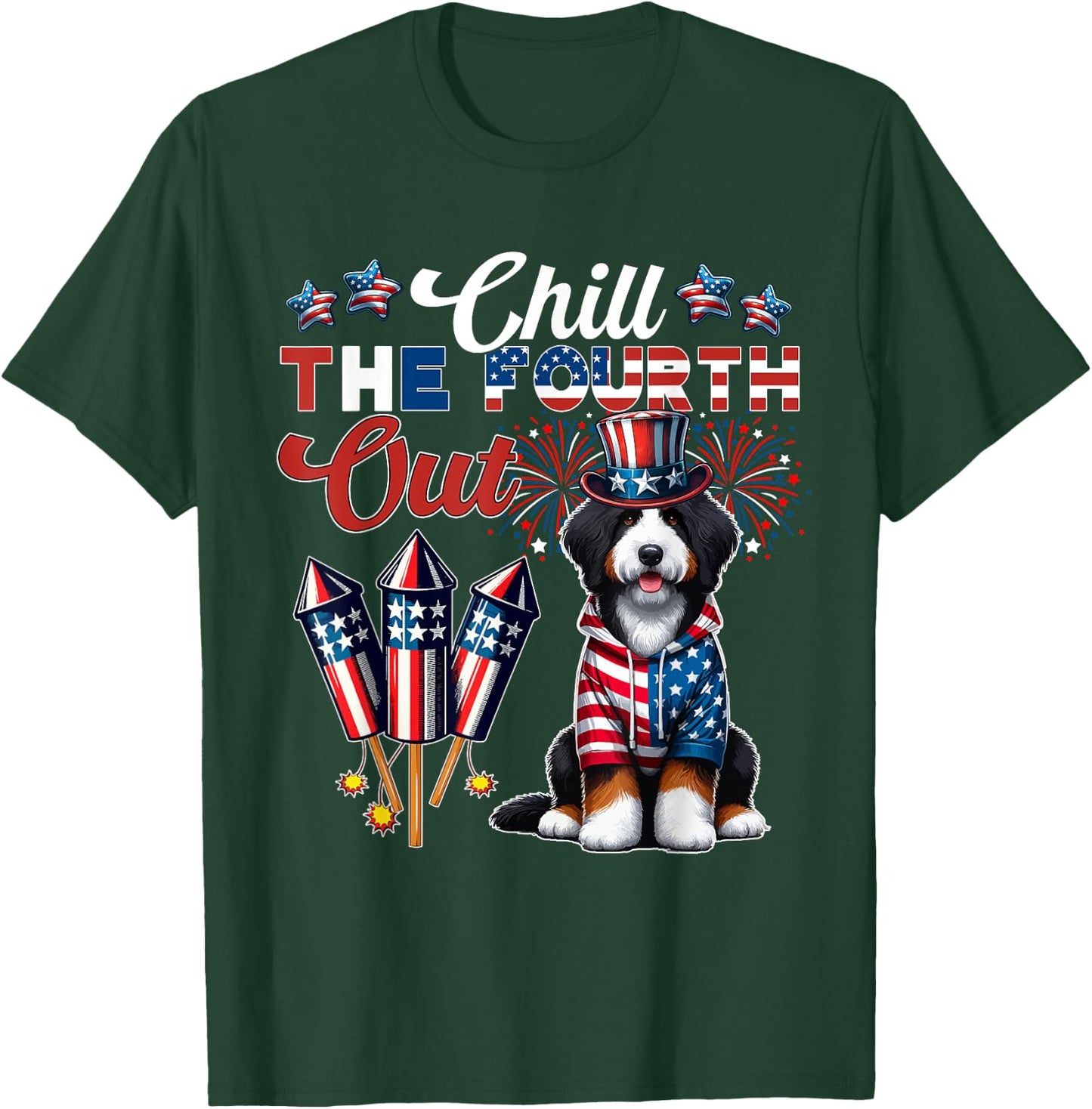 Chill The Fourth Out Costume 4th Of July Cute Bernedoodle T-Shirt - T-Shirt | Forest