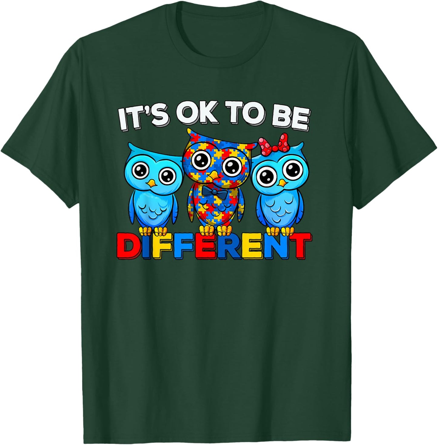 Support Autism Puzzle Autism Awareness Cute Owl Animal It's Ok To Be Different -Kids and Adults Black T-Shirt - T-Shirt | Forest