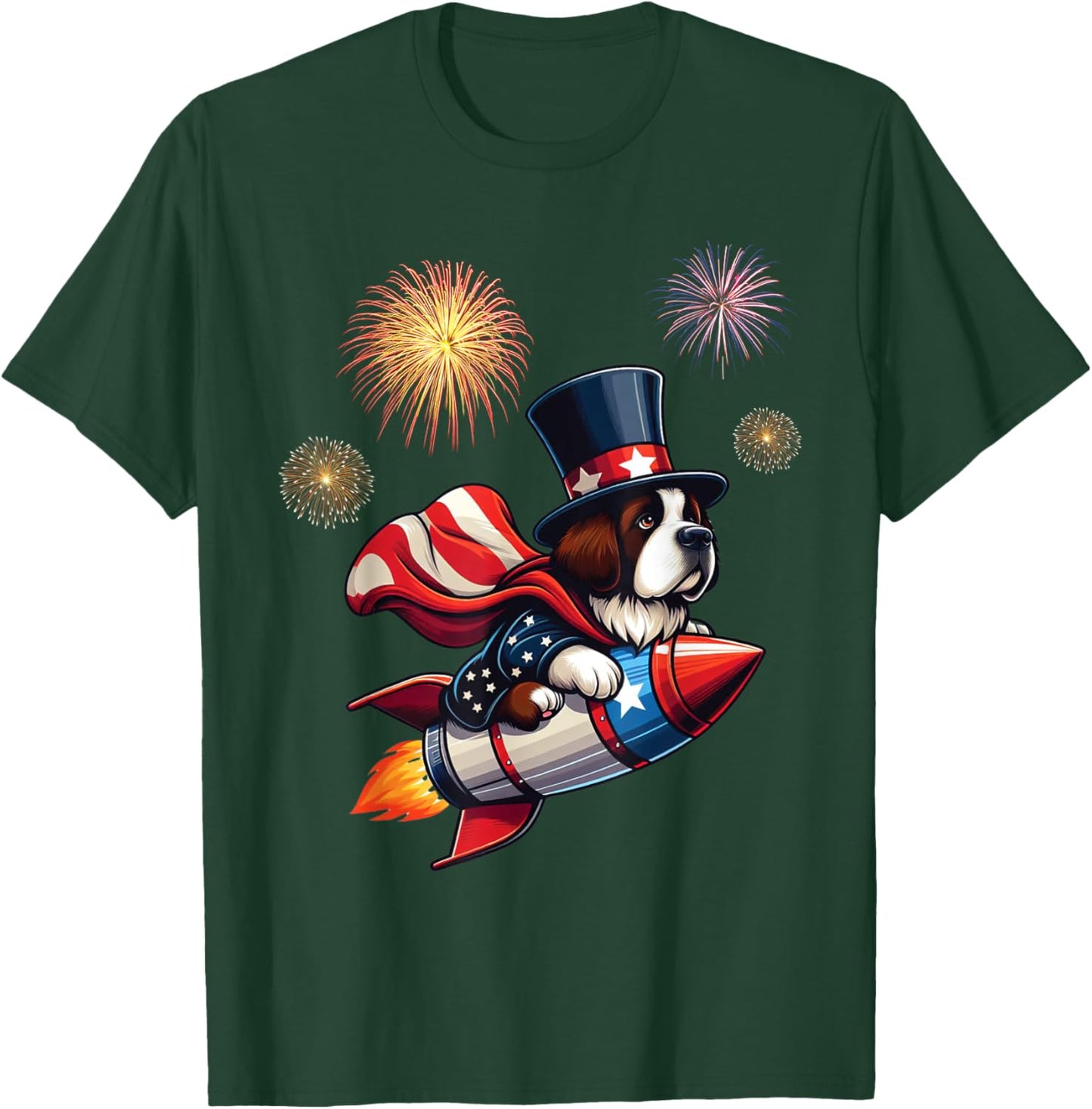 Saint Bernard Rocket Fireworks Independence USA Patriotic T-Shirt - T-Shirt | Forest
