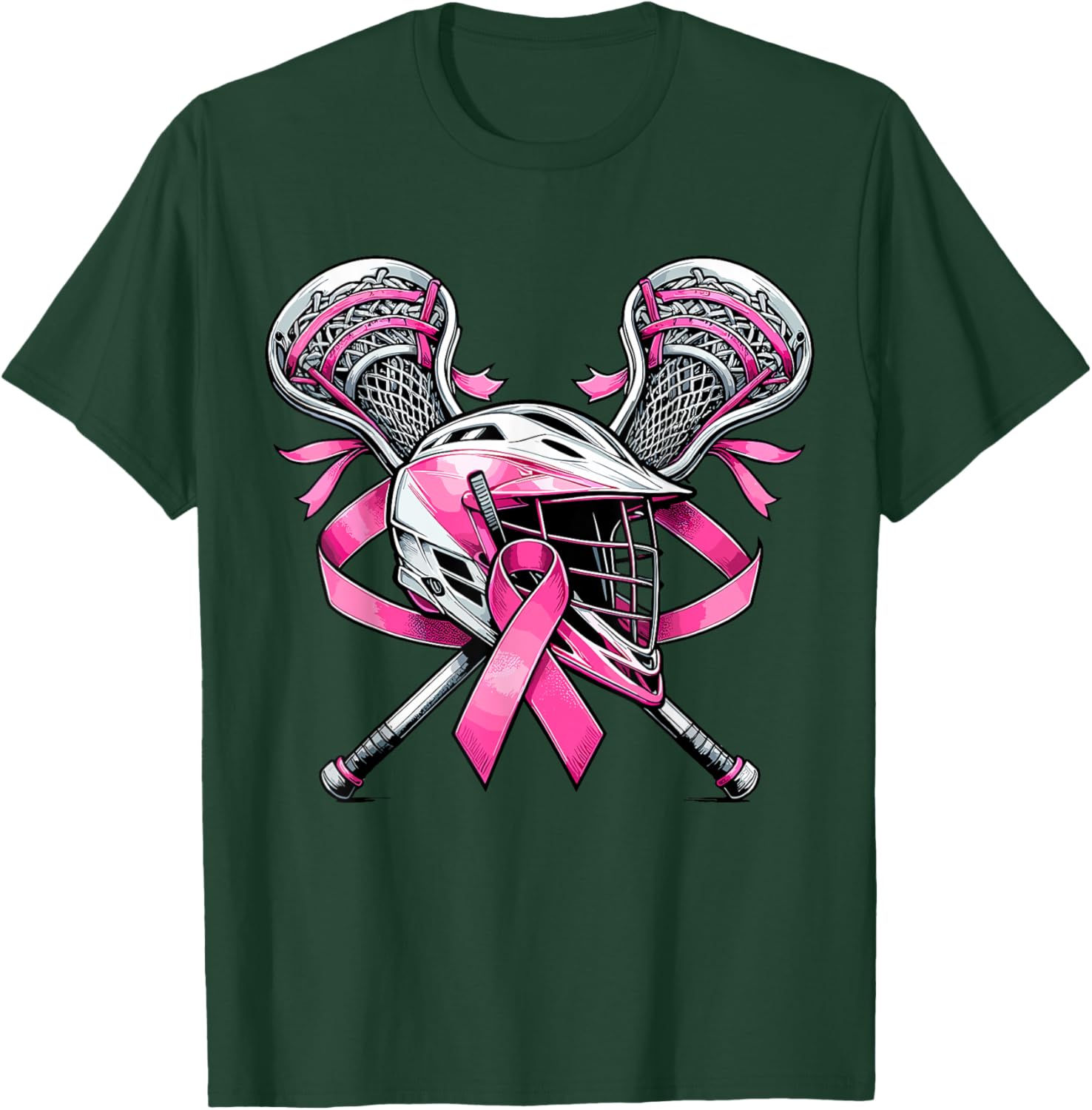 Lacrosse Pink Ribbon Breast Cancer Awareness Sport Lover T-Shirt - T-Shirt | Forest