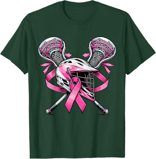 Lacrosse Pink Ribbon Breast Cancer Awareness Sport Lover T-Shirt - T-Shirt | Forest