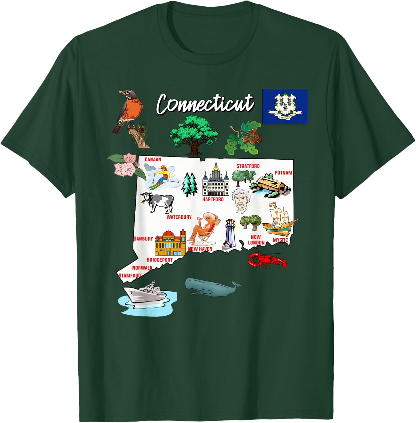 Illustrated map of Connecticut in the USA, cities T-Shirt - T-Shirt | Forest