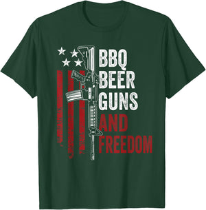 BBQ BEER GUNS & FREEDOM - Funny BBQ Drinking USA Gun Owner T-Shirt - T-Shirt | Forest