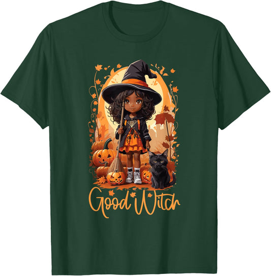 Good Witch Cute Girl African American Witch Funny Halloween T-Shirt - T-Shirt | Forest