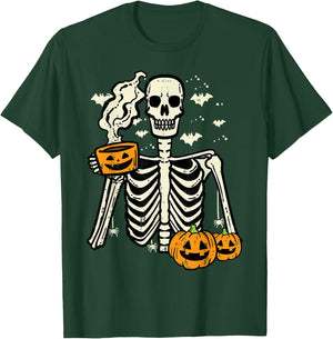 Halloween Skeleton Pumpkin Fall Coffee Fun Costume Men Women T-Shirt - T-Shirt | Forest