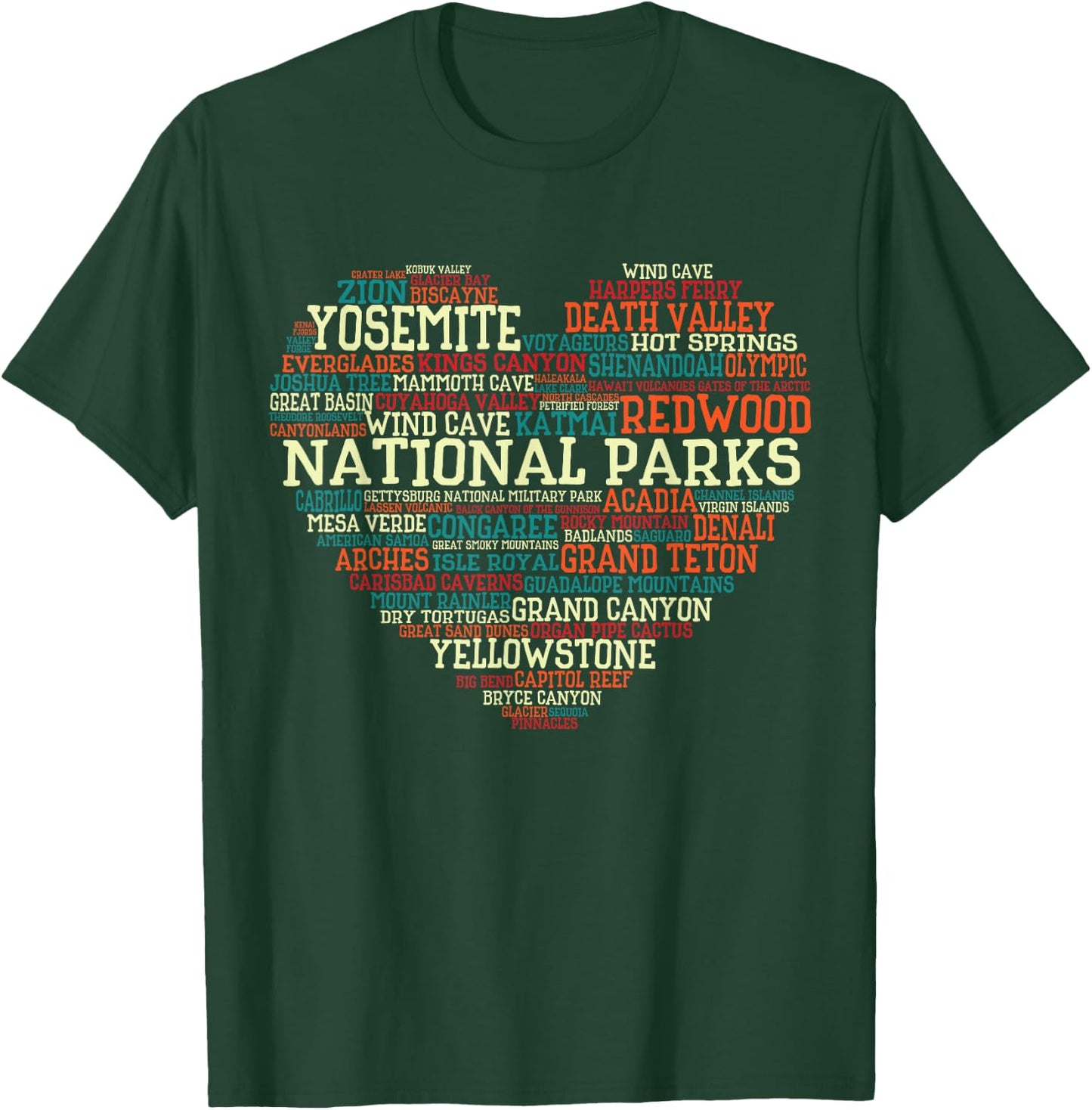 National Parks List Word Cloud heart Camping Men Women Kids T-Shirt - T-Shirt | Forest