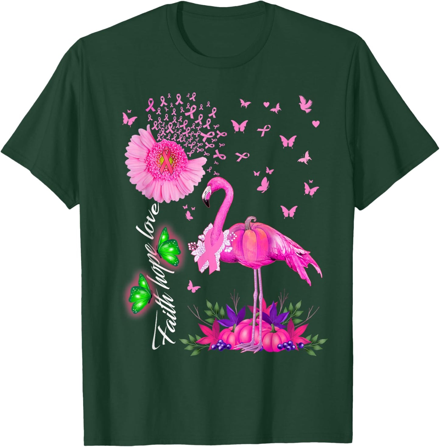 Flamingo Faith Hope Love Pink Pumpkin Ribbon Breast Cancer T-Shirt - T-Shirt | Forest