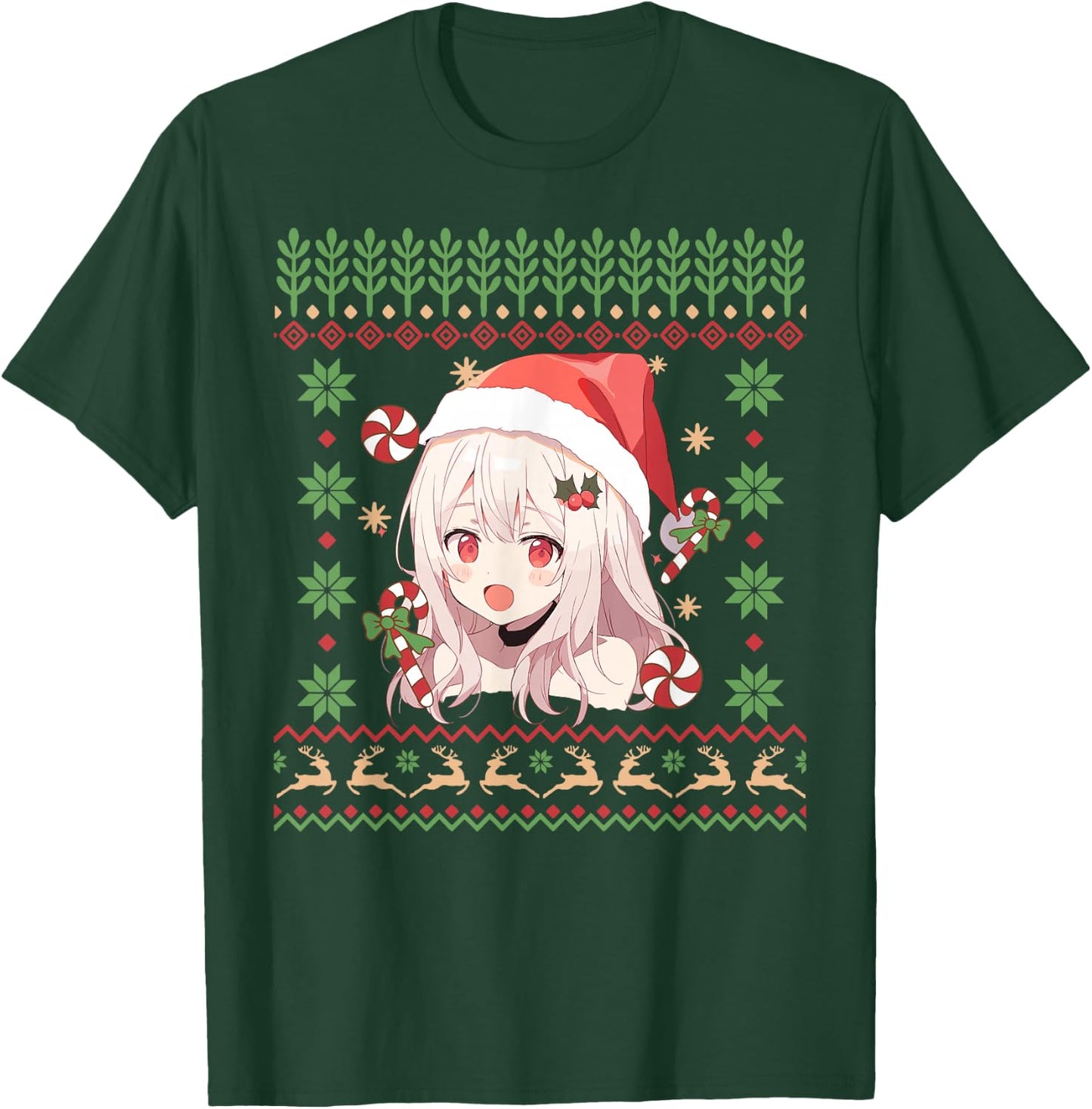 Cute Anime Girl Santa Hat Ugly Sweater Anime Otaku Christmas T-Shirt - T-Shirt | Forest
