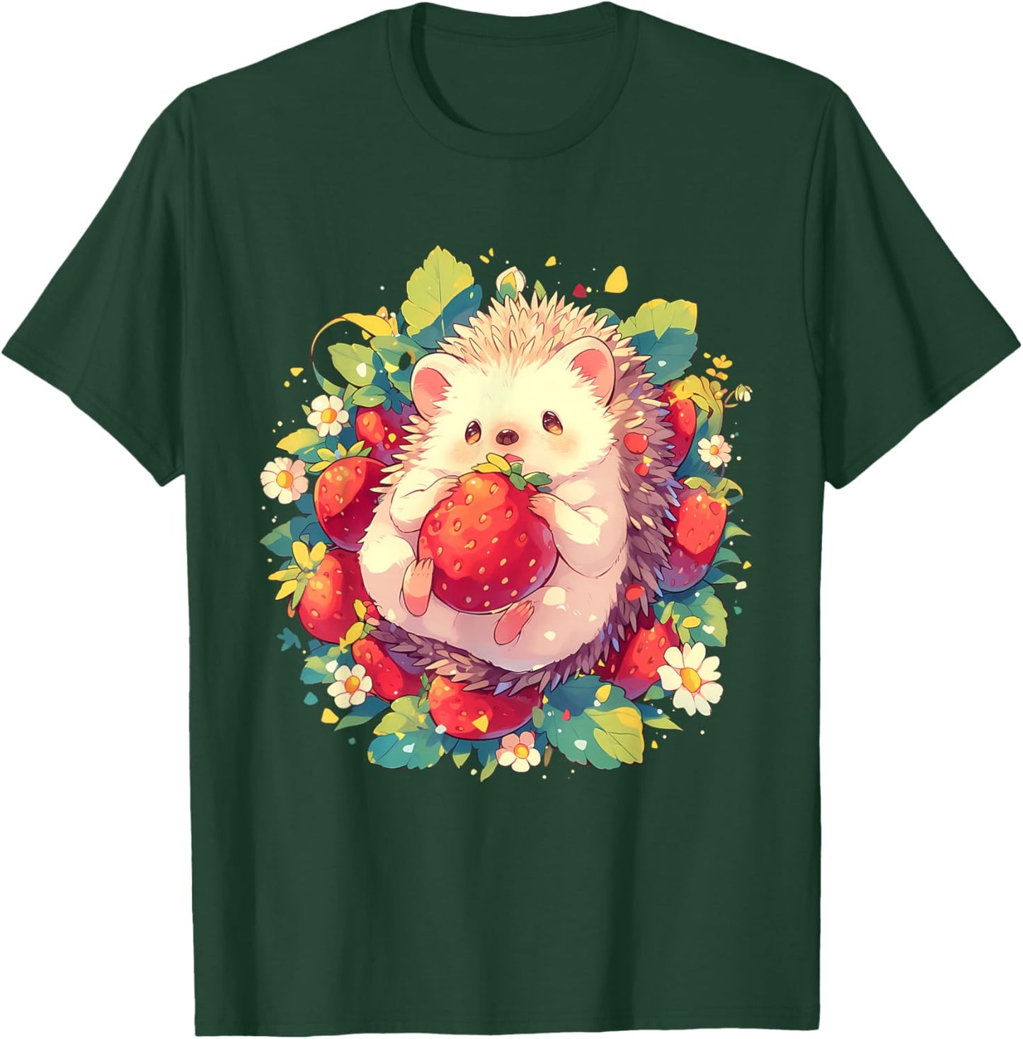 Strawberry Hedgehog Floral Drawing Wildlife Cute Hedgehog T-Shirt - T-Shirt | Forest