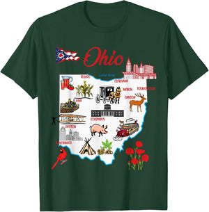 Illustrated map of the state of Ohio in the USA, major cities T-Shirt - T-Shirt | Forest
