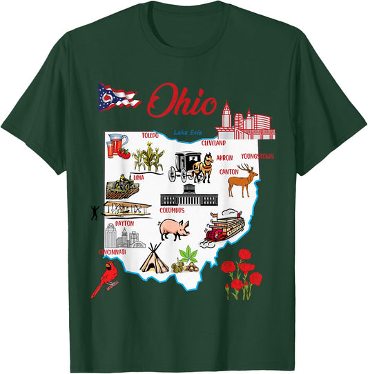 Illustrated map of the state of Ohio in the USA, major cities T-Shirt - T-Shirt | Forest