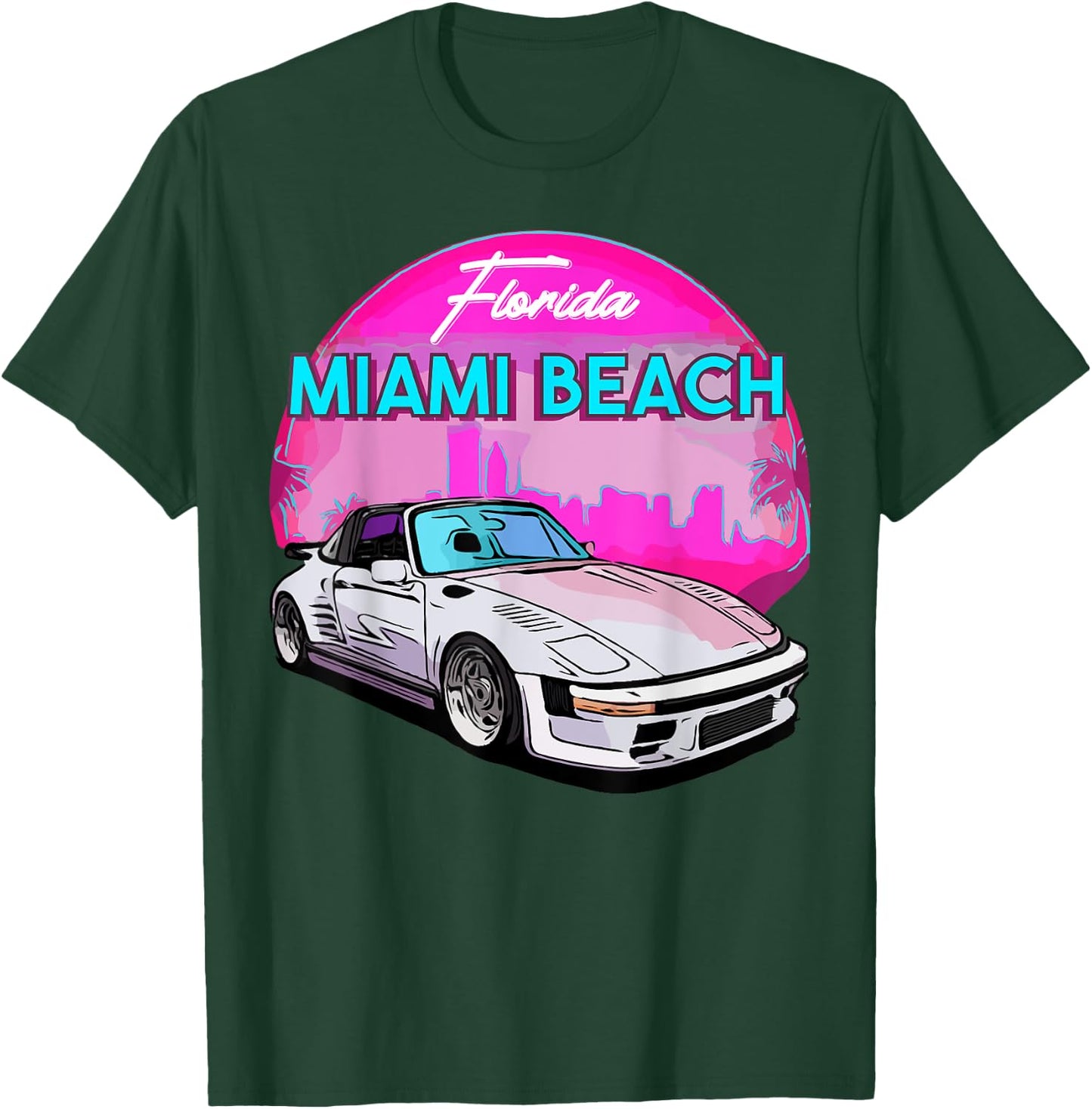 Miami Beach Florida Miami Palm Trees and Vintage Car T-Shirt - T-Shirt | Forest
