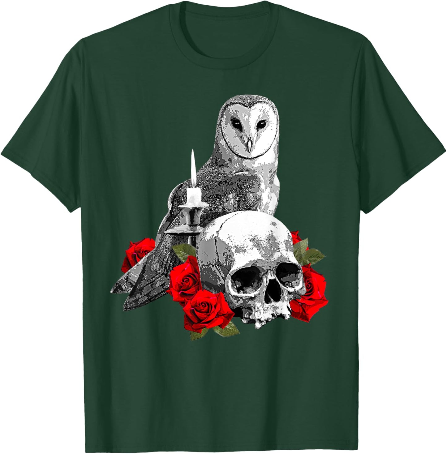 Spooky Witch Skull, Wiccan Owl and Candle with Red Roses T-Shirt - T-Shirt | Forest