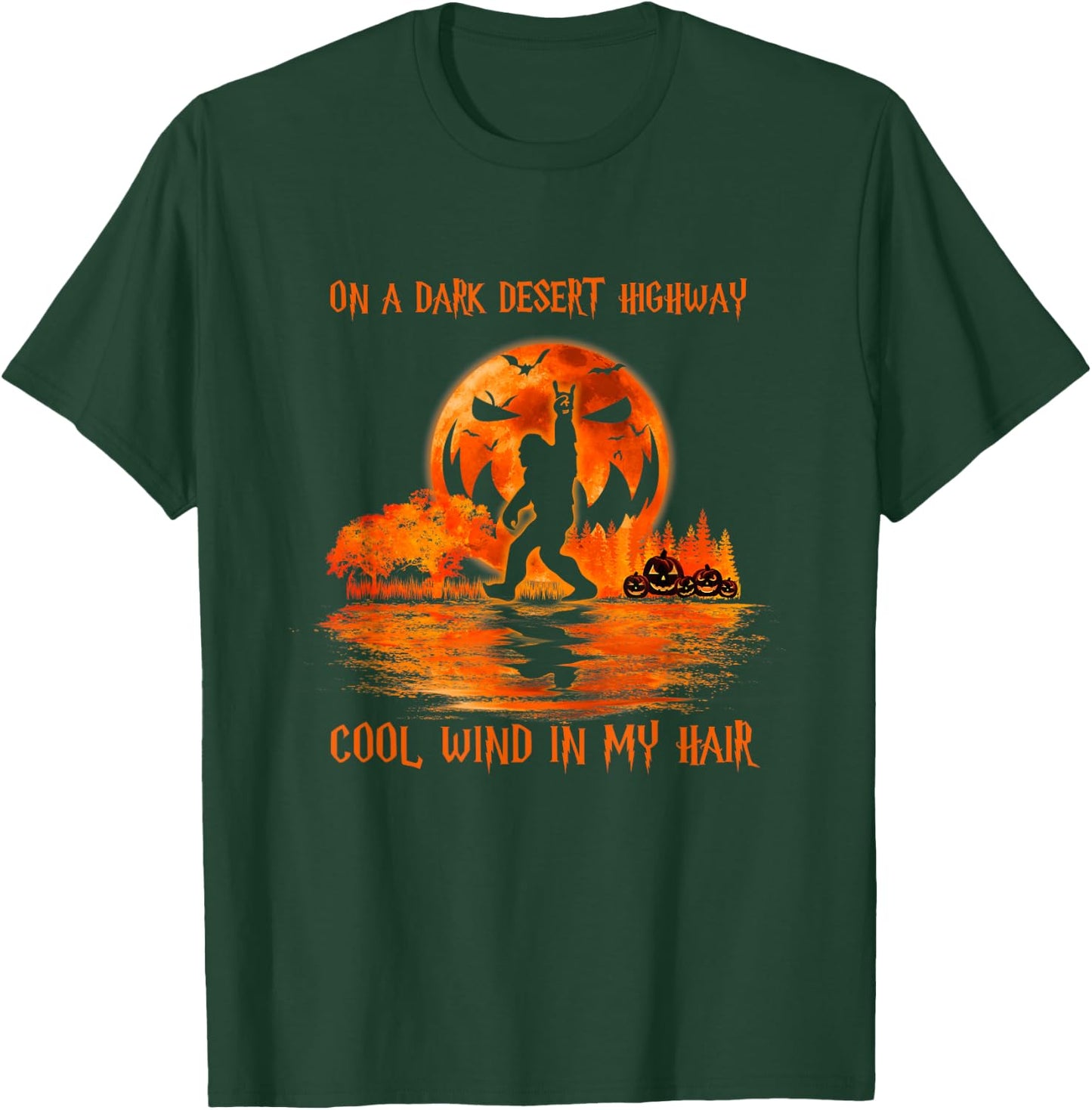 Bigfoot Middle Finger On A Dark Desert Highways Halloween T-Shirt - T-Shirt | Forest