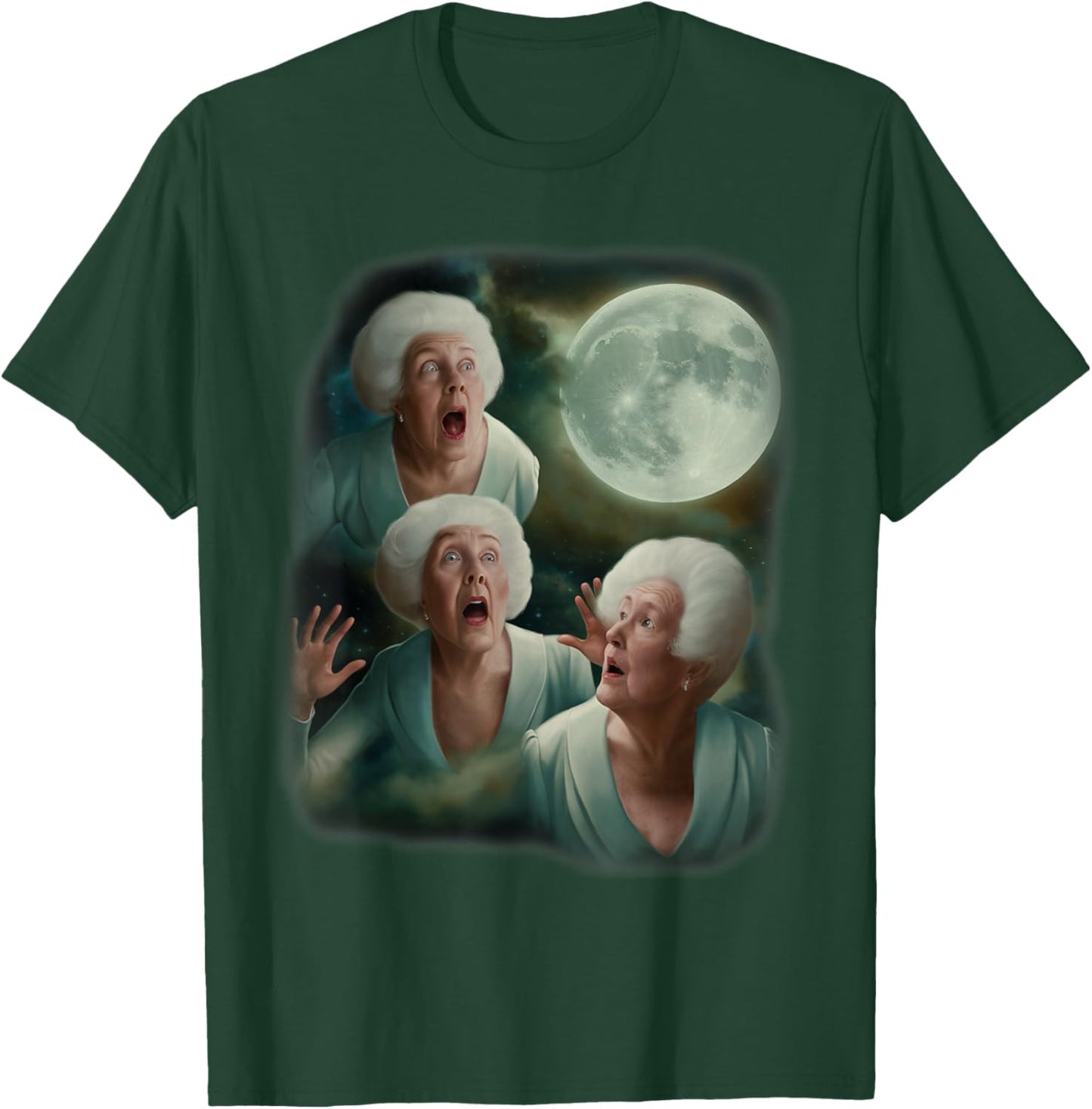 Three Granny Moon | 3 Old Ladys Howling Weird Cursed Meme T-Shirt - T-Shirt | Forest