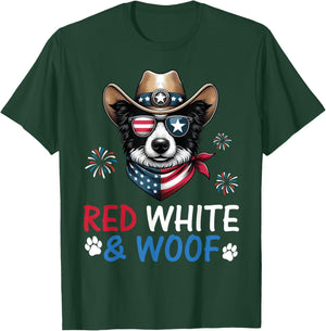 Border Collie Cowboy Costume Fireworks Red White and Woof T-Shirt - T-Shirt | Forest