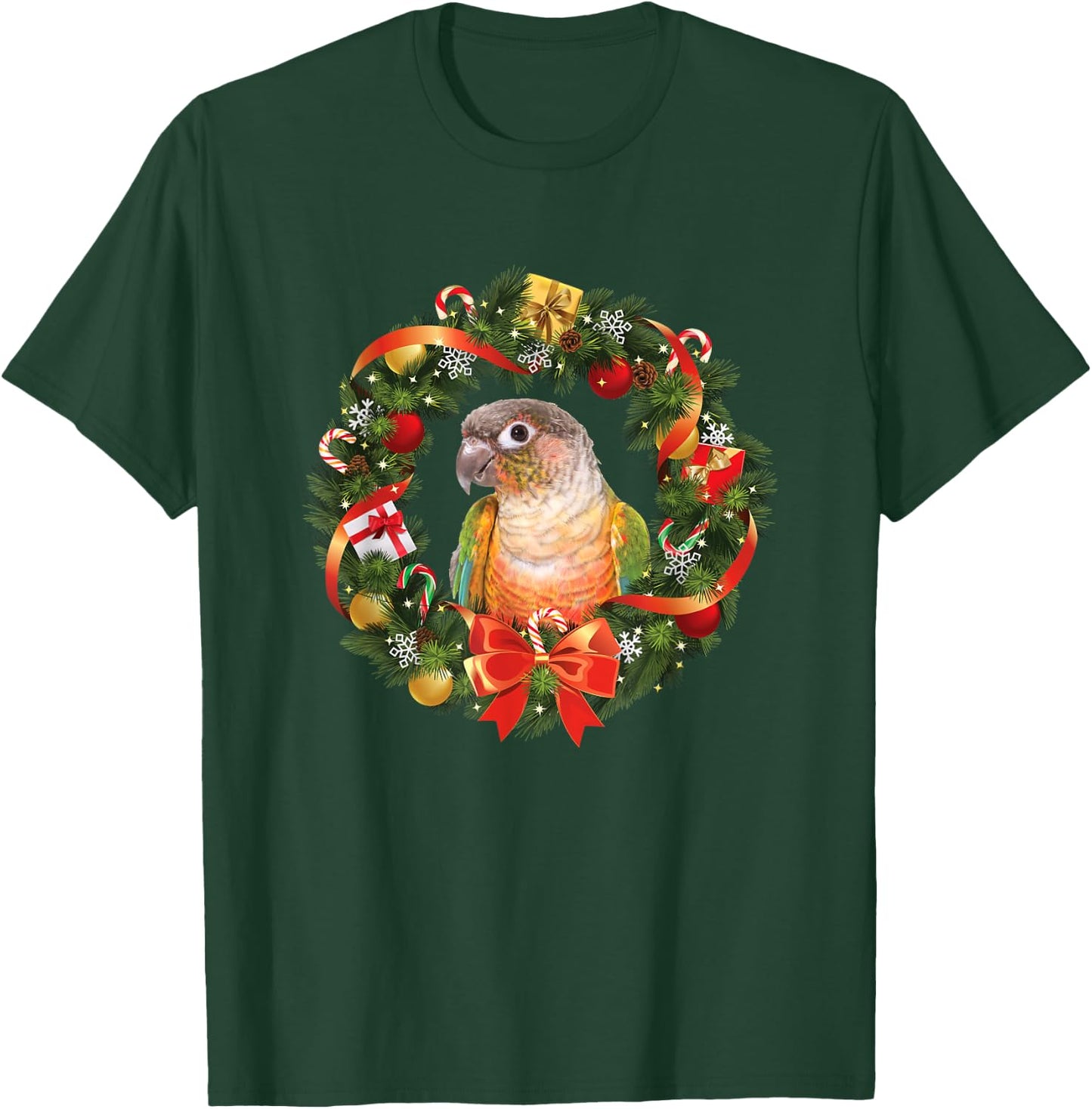 Green Cheek Conure Parrot Christmas Wreath T-Shirt - T-Shirt | Forest