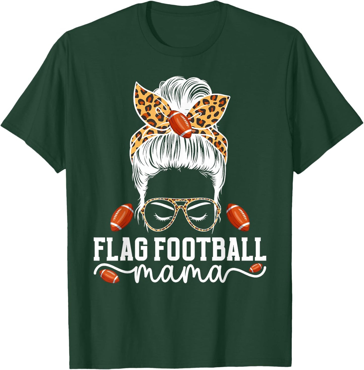 Flag Football Mama Messy Bun Flag Football Player Mom T-Shirt - T-Shirt | Forest