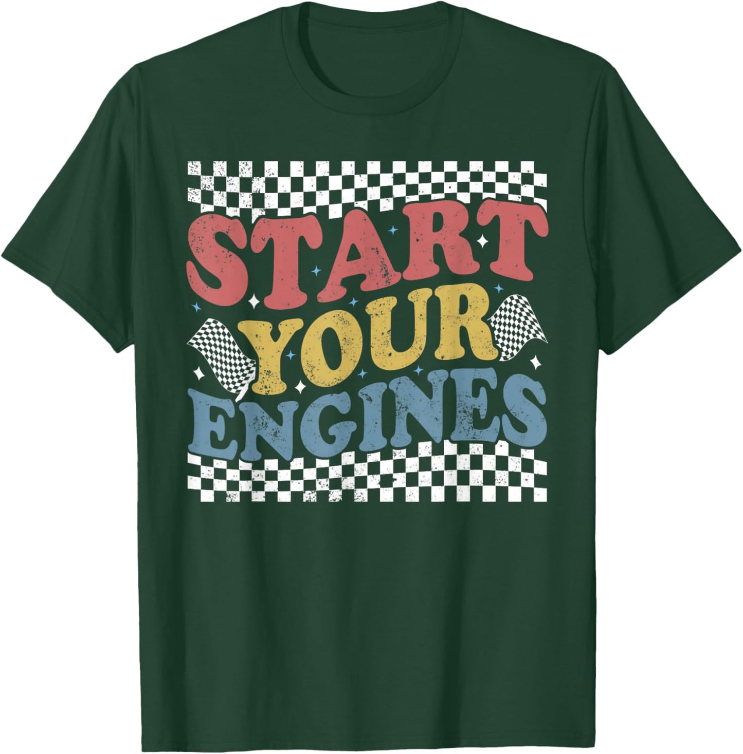 Groovy Checkered Flag Retro Racing Start Your Engines T-Shirt - T-Shirt | Forest
