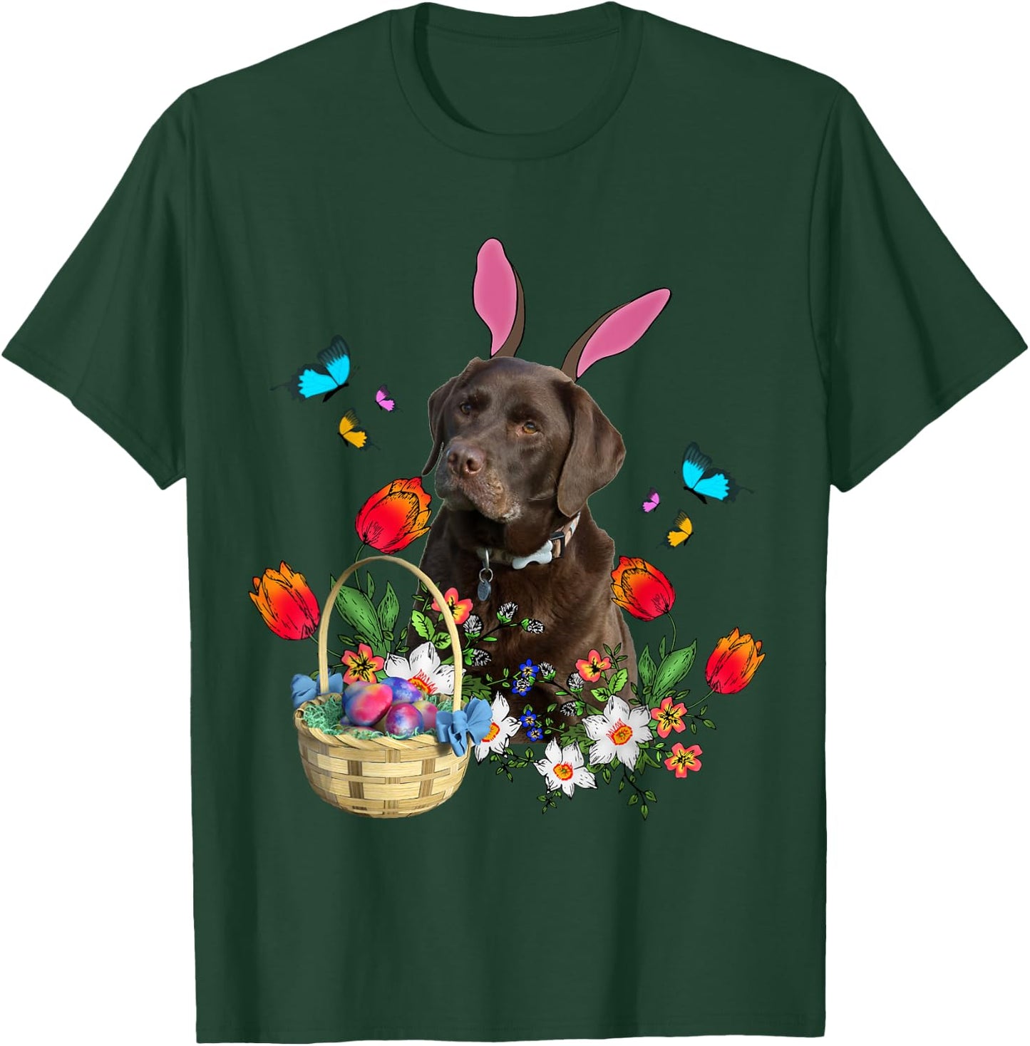 Chocolate Labrador Bunny Dog With Easter Eggs Basket Spring Women Girls Kids T-Shirt - T-Shirt | Forest