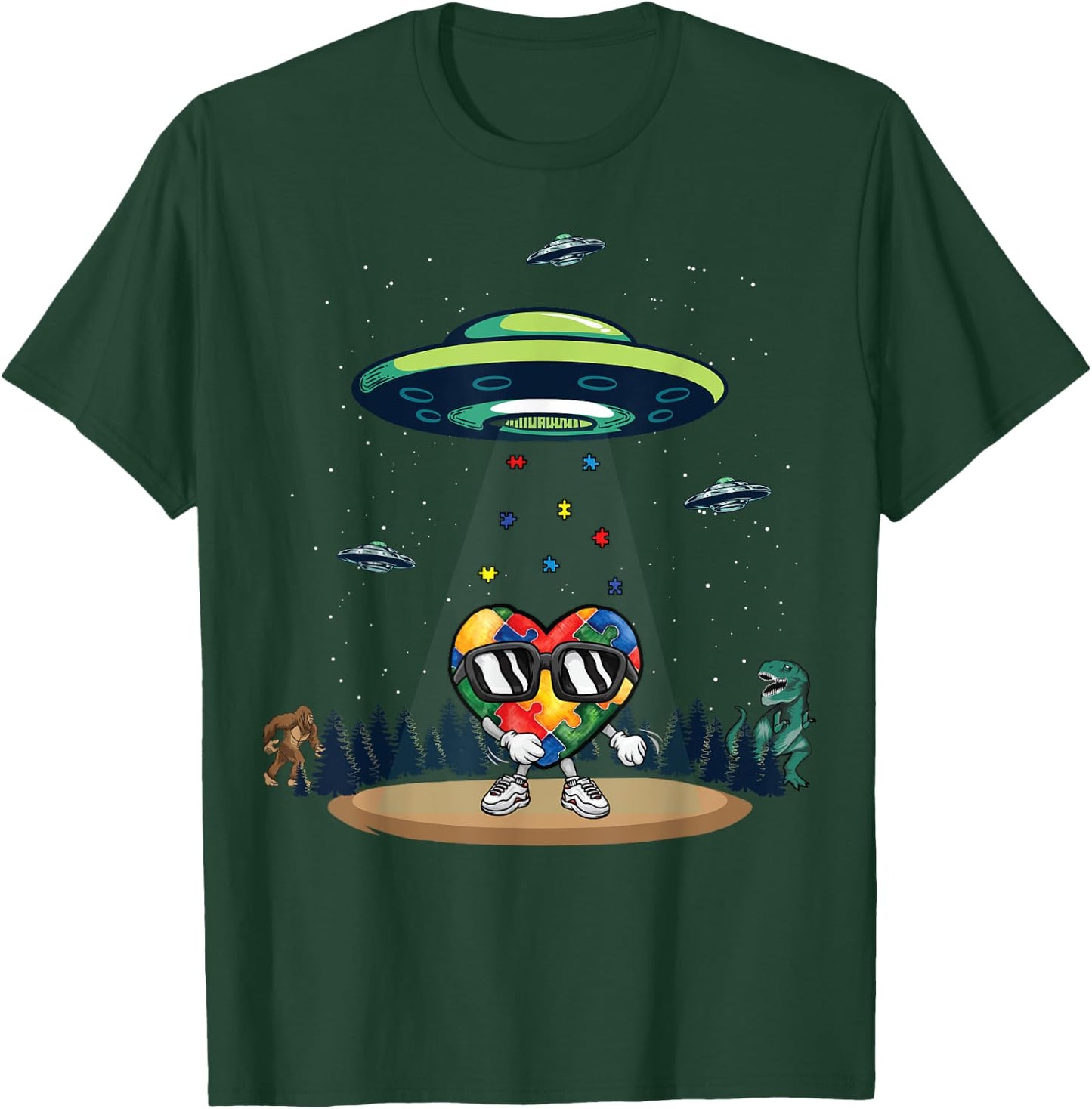 UFO Dinosaur Bigfoot Love Kindness Autism Awareness Puzzle T-Shirt - T-Shirt | Forest