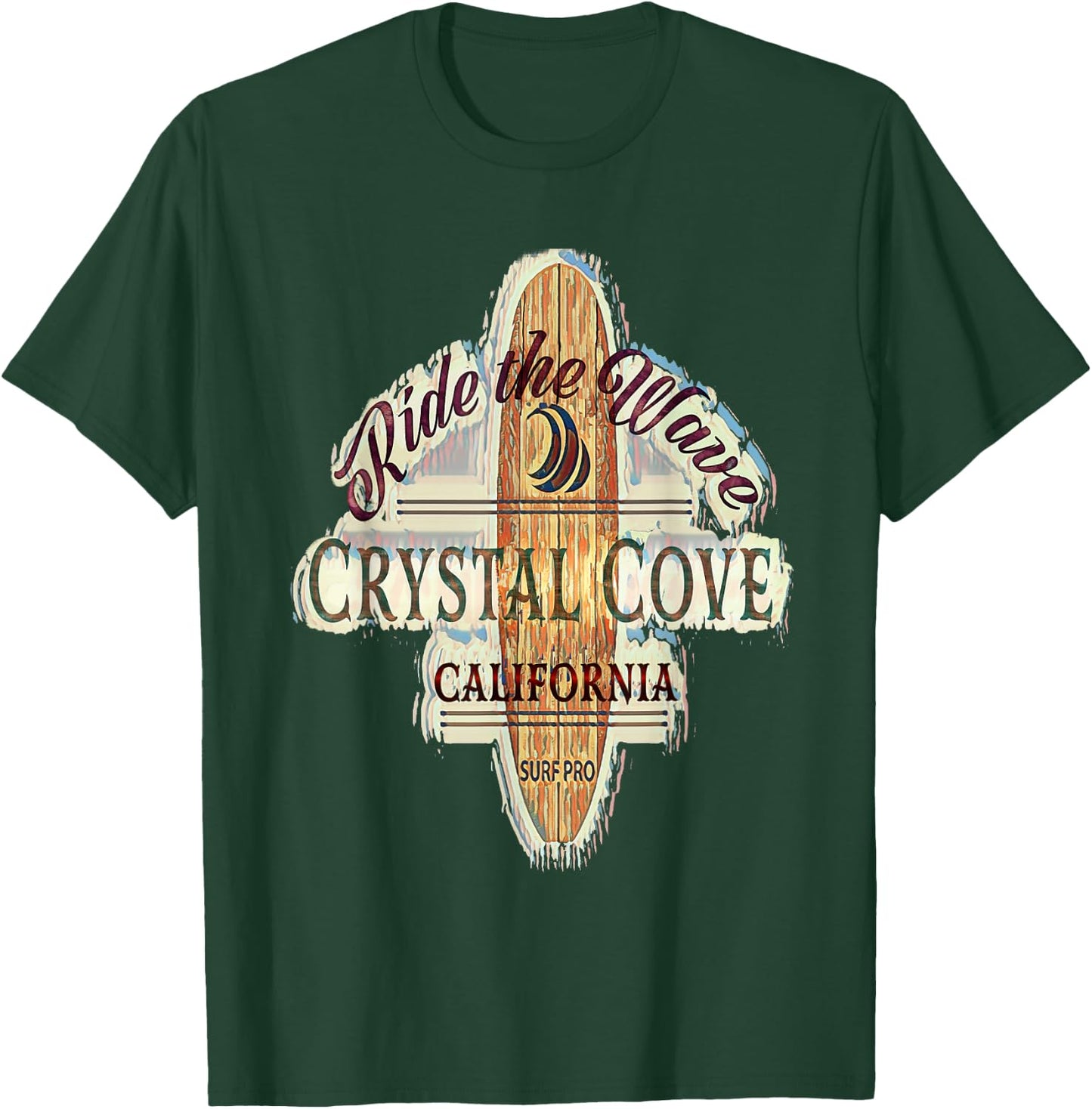 Crystal Cove Surfing Distressed Vintage Retro Surfboard T-Shirt - T-Shirt | Forest
