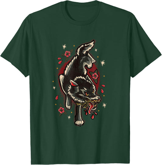 Traditional Style Full Body Wolf Tattoo T-Shirt - T-Shirt | Forest