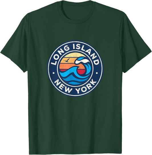 Long Island New York NY Vintage Nautical Waves Design T-Shirt - T-Shirt | Forest
