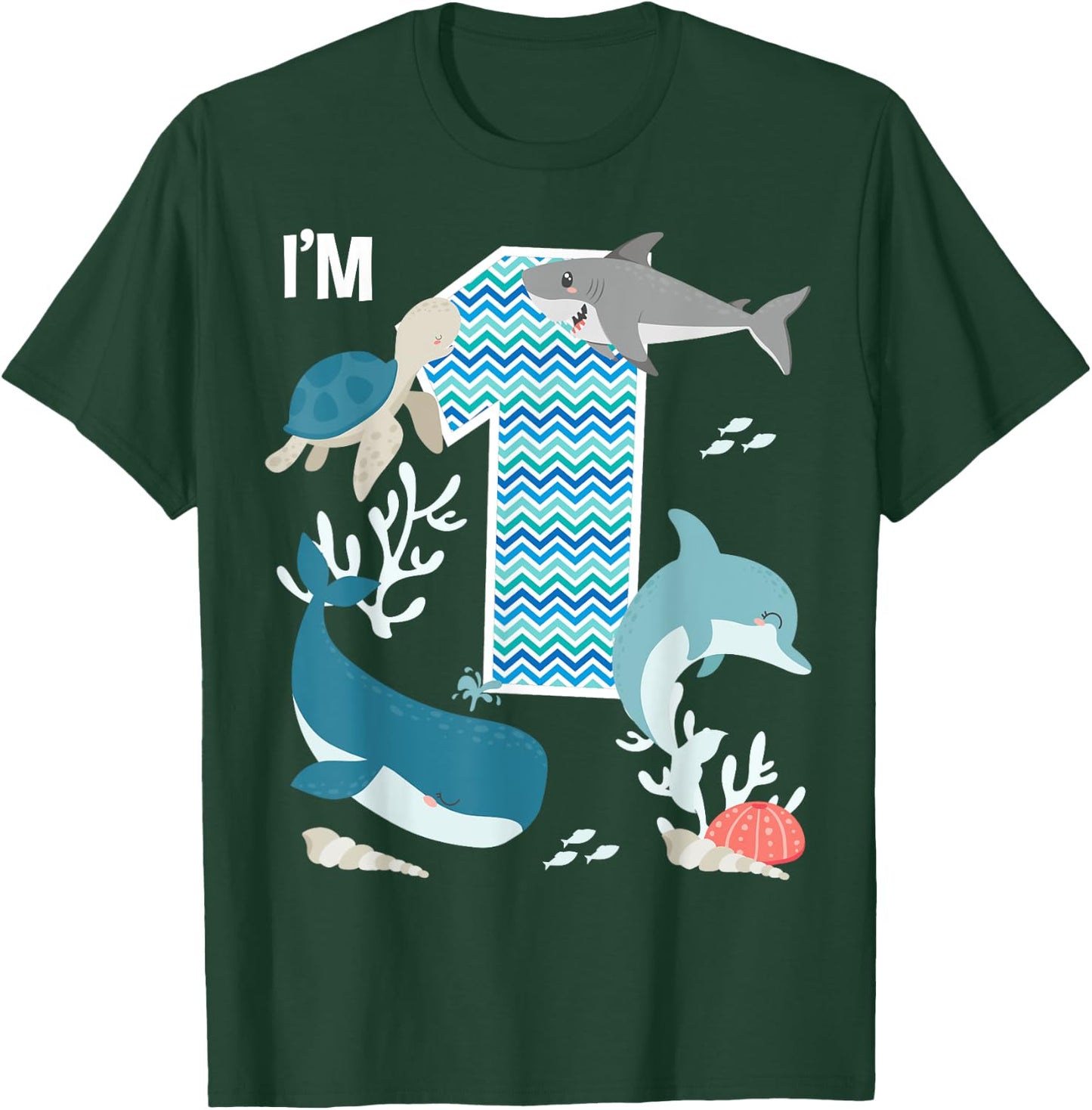 Kids 1 Year Old Ocean Life Whale Dolphin Shark 1st Birthday T-Shirt - T-Shirt | Forest