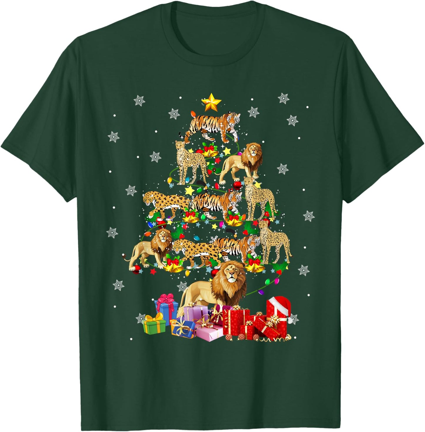 Wild Animal Christmas Tree Xmas Lion Tiger Cheetah Leopard T-Shirt - T-Shirt | Forest