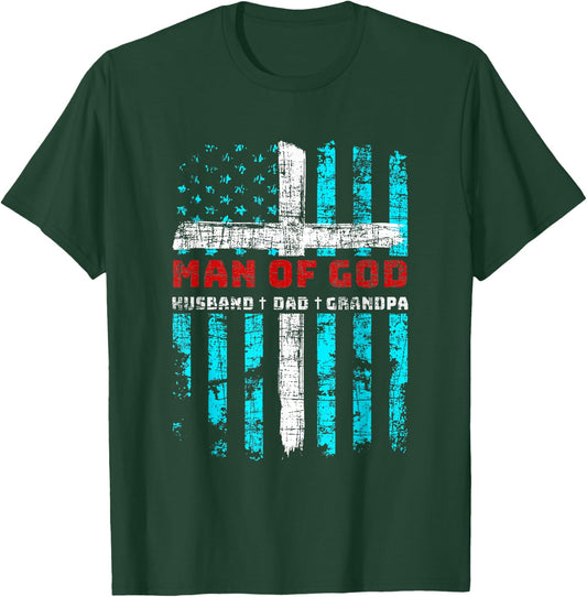 Man Of God Husband Dad Grandpa American Flag Christian Cross T-Shirt - T-Shirt | Forest