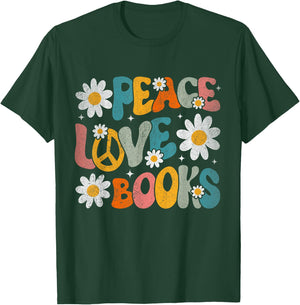 Peace Love Books Bookworm Librarian Reading Teacher Groovy T-Shirt - T-Shirt | Forest