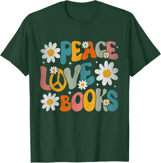 Peace Love Books Bookworm Librarian Reading Teacher Groovy T-Shirt - T-Shirt | Forest