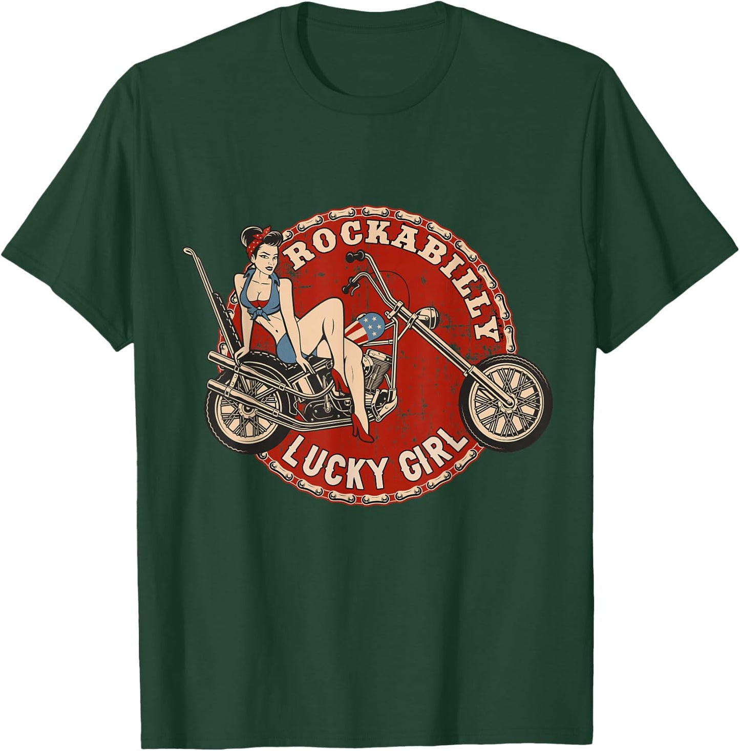 Motorcycle Pinup Girl Old School Rockabilly Lucky Girl T-Shirt - T-Shirt | Forest