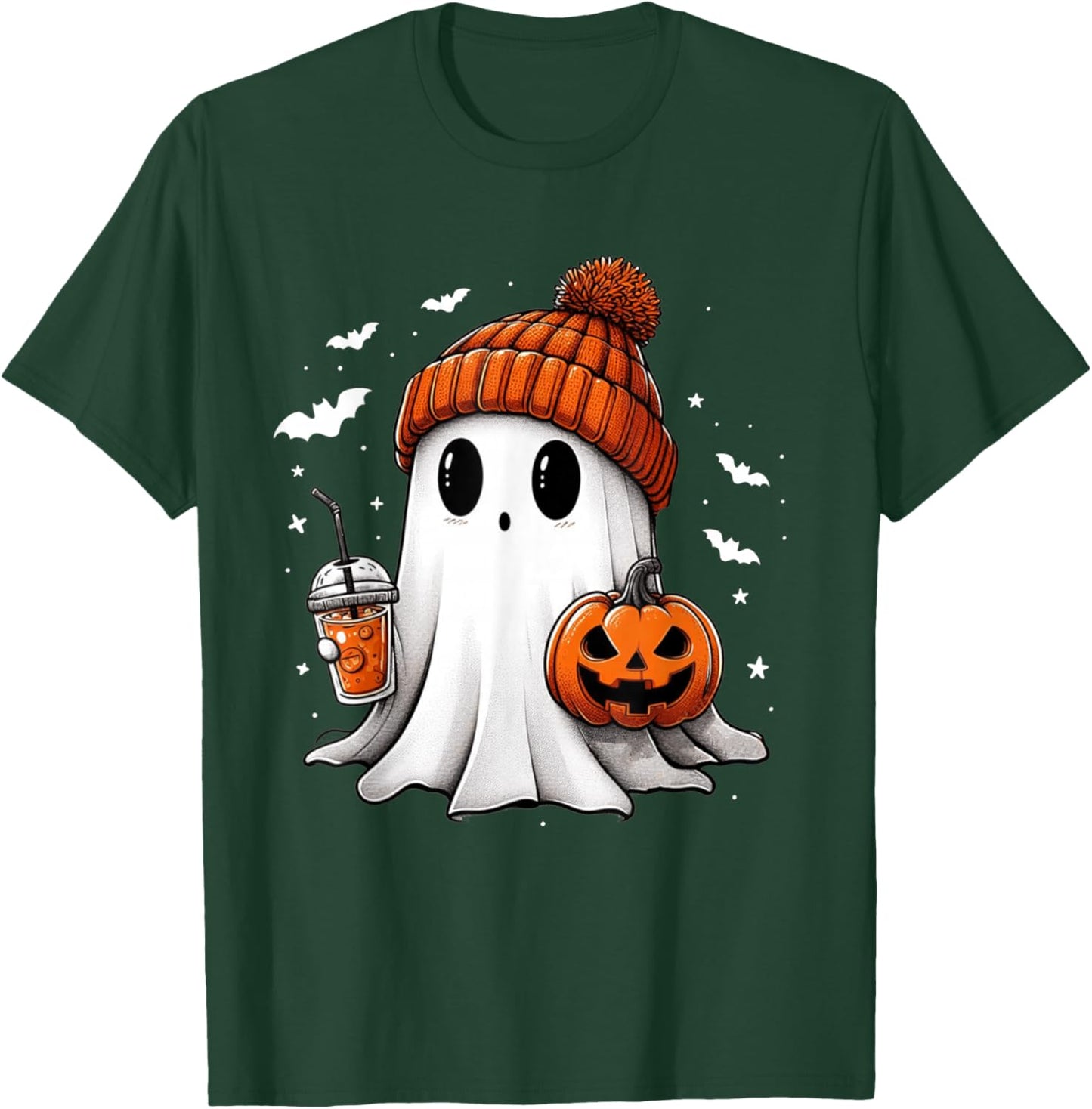 Cute Ghost Drinking Coffee Halloween Ghost Ice Coffee T-Shirt - T-Shirt | Forest