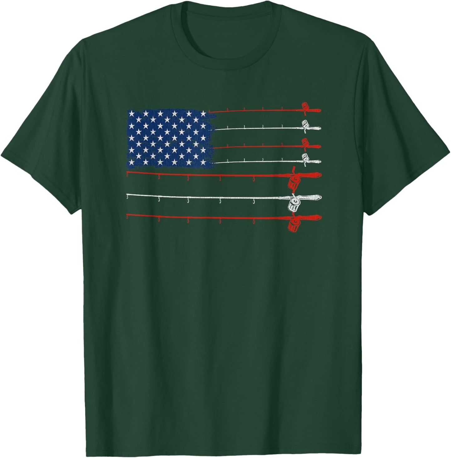 Vintage Fishing Gift | Patriotic American Flag Fishing Poles T-Shirt - T-Shirt | Forest