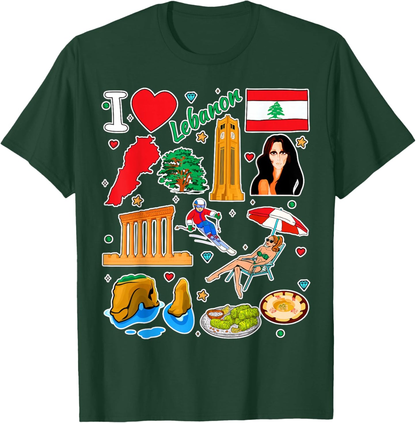 Lebanese hand drawn symbols, Lebanon map, cultural icons T-Shirt - T-Shirt | Forest