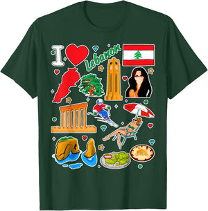 Lebanese hand drawn symbols, Lebanon map, cultural icons T-Shirt - T-Shirt | Forest